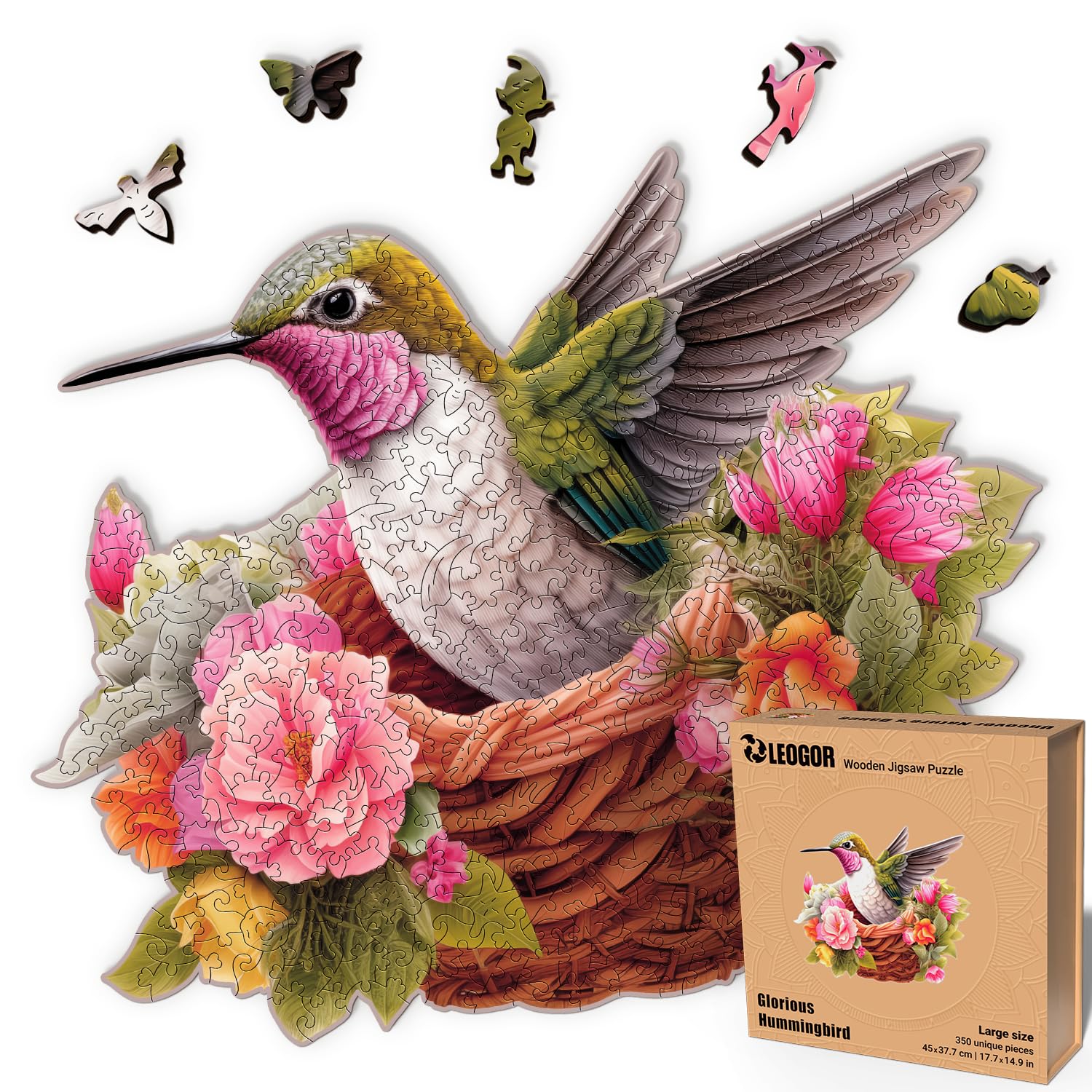 Glorious Hummingbird - 350 Piece Wooden Puzzles for mature-themeds - 17.7 x 14.9 in - Extra-Thick 5 mm Wood Puzzle  Hand-Drawn Pieces  Bird-Shaped Mosaic Design - enhanced Gift for Puzzle Lovers by LEOGOR