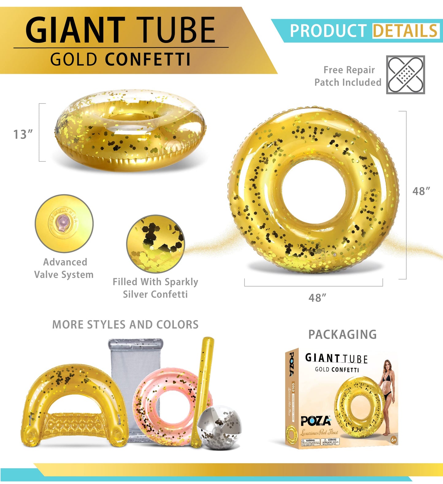 Cota Global Inflatable Gold Pool Float - enhanced Confetti Round Pool Float  Inflatable Swimming Tube Pool Ring Float for Kids and mature-themeds  Heavy Duty Floating Tube for Pool  Beach  or Lake - 48 Inches