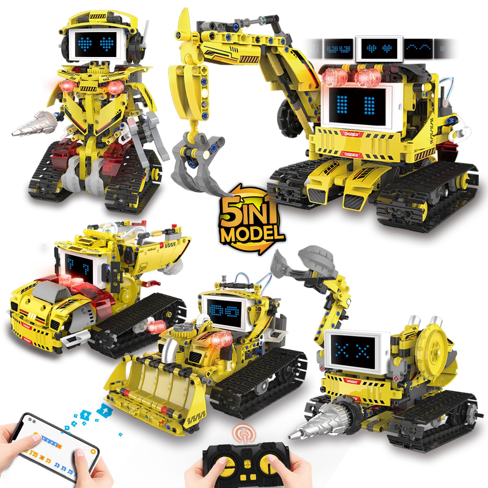 Suplanet 5-in-1 Programmable Robot Building Block Set for Kids Age 6 7 8 9 10 11 12-14, with APP or Remote Control & LED Display