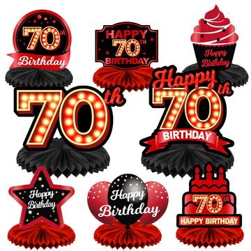 Happy 70Th Birthday Red And Black Table Honeycomb Centerpieces Balloons Theme Decor Table Decorations Table Toppers For Girls Women Princess 70 Years Old Birthday Party Bday Supplies Background Gold
