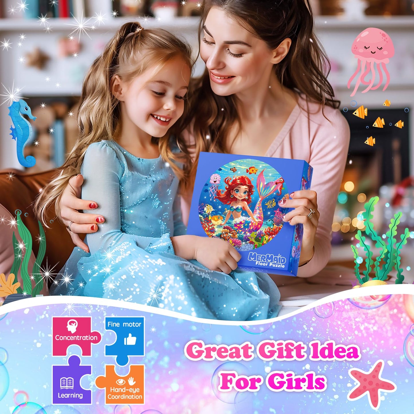 72 Pieces Shimmery Jumbo Mermaid Floor Puzzle For Girls 3-5 4-6 Age Floor Puzzles For Boys And Girls Large Round Floor Jigsaw Pu