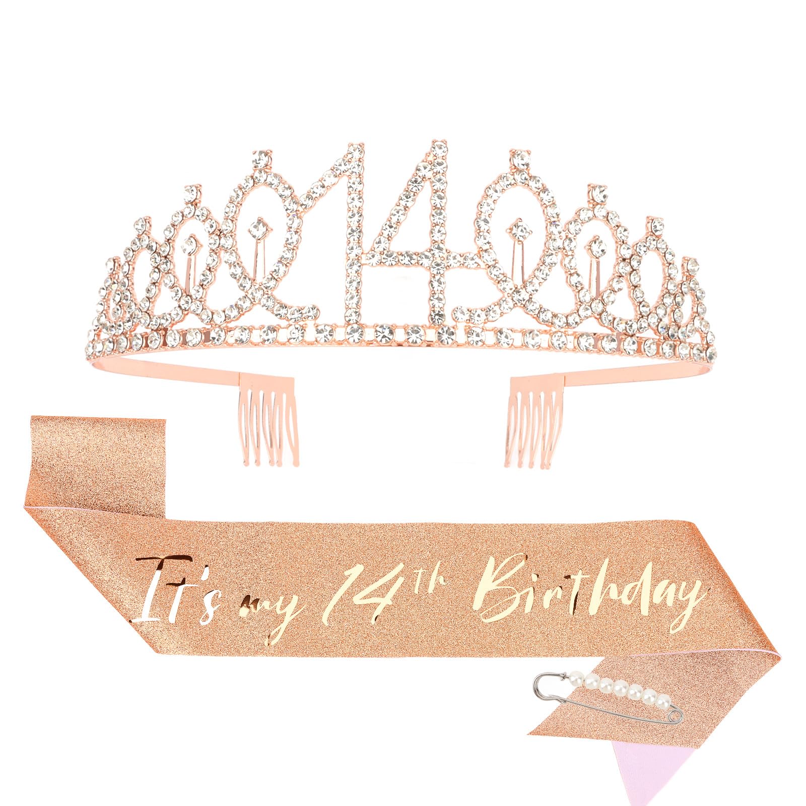 CIEHER 14th Birthday Crown and Sash for Girls, It s My 14 Bday Sash, 14th Birthday Decorations Rose Gold