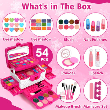 Aureyung Kids Makeup Kit for Girl, Toys for Girls Ages 3 4 5 6 7 8 9 10, 54PCS Washable Real Makeup Set, Kids Make Up, Play Make