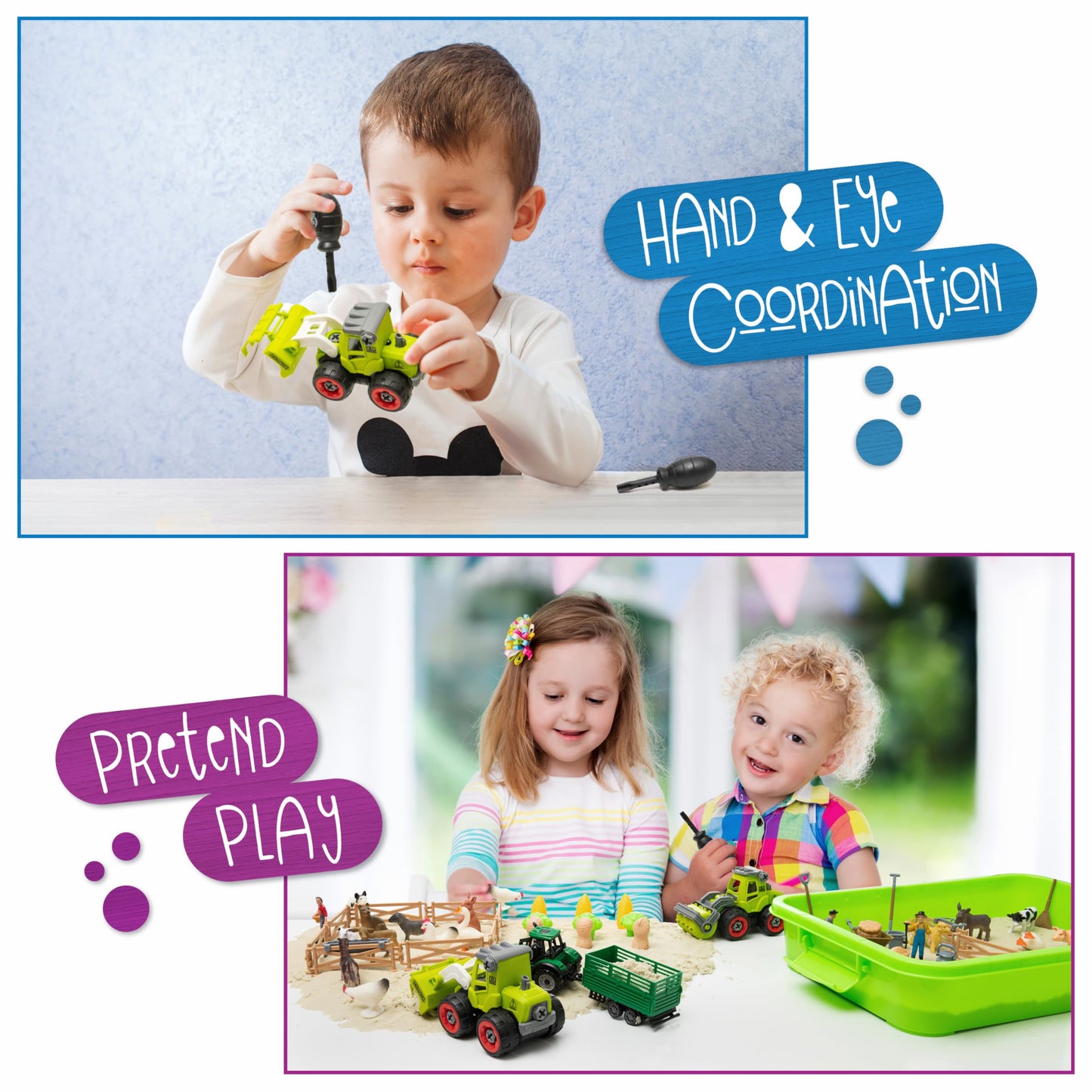 59 PCS Farm Sensory Bin - Sandbox with Lid, 2.2 LB Sensory Sand Kit for Boys, Toddler Farm Toys, 3 Take Apart Construction Truck