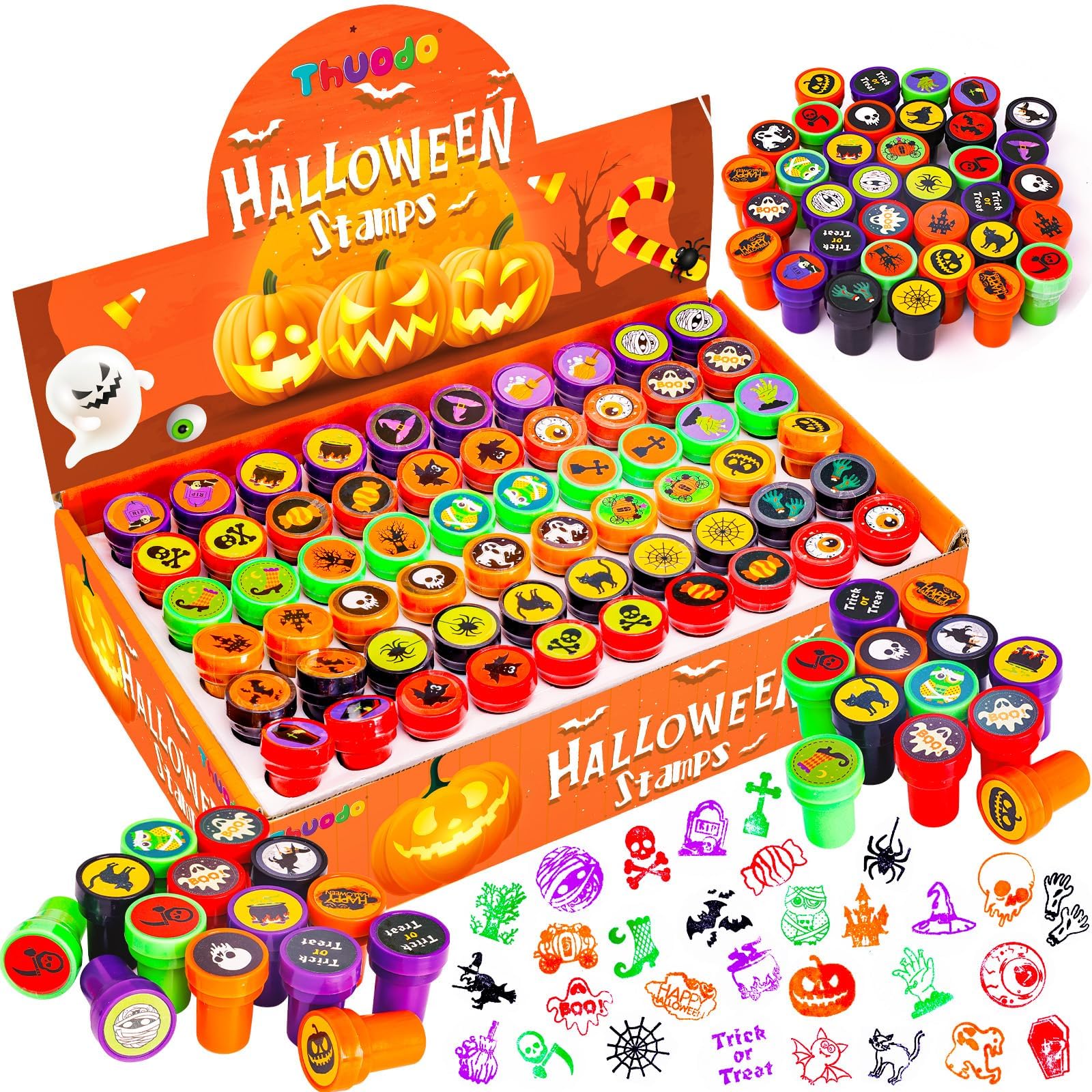 Thuodo Halloween Party Favors, 120 Pieces Assorted Stamps for Kids Bulk, Children Self-Ink Holiday Toy Gifts Game Prizes, Hallow