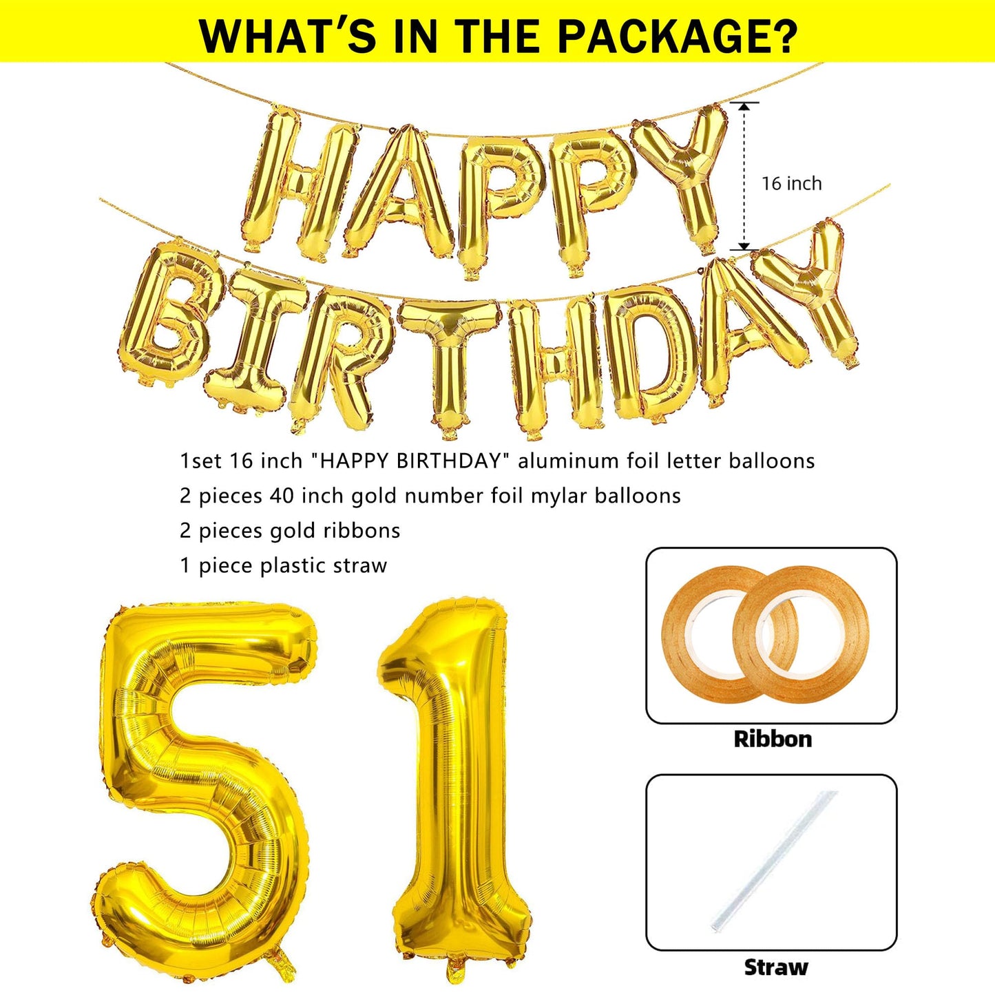 SHUNTAI 51st Birthday Decorations - Gold Jumbo Number Balloons, 15 Foil Mylar Balloons, Happy Birthday Banner, 51 Years Old Theme