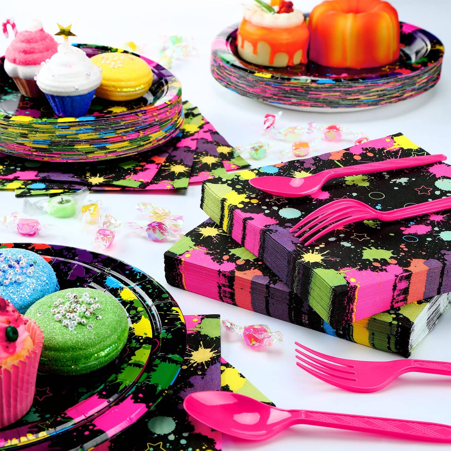 Jetec 240 Pcs Fluorescent Style Birthday Party Supplies Include 7   9   Plates Napkins and Tableware Forks Spoons for 40 Gue