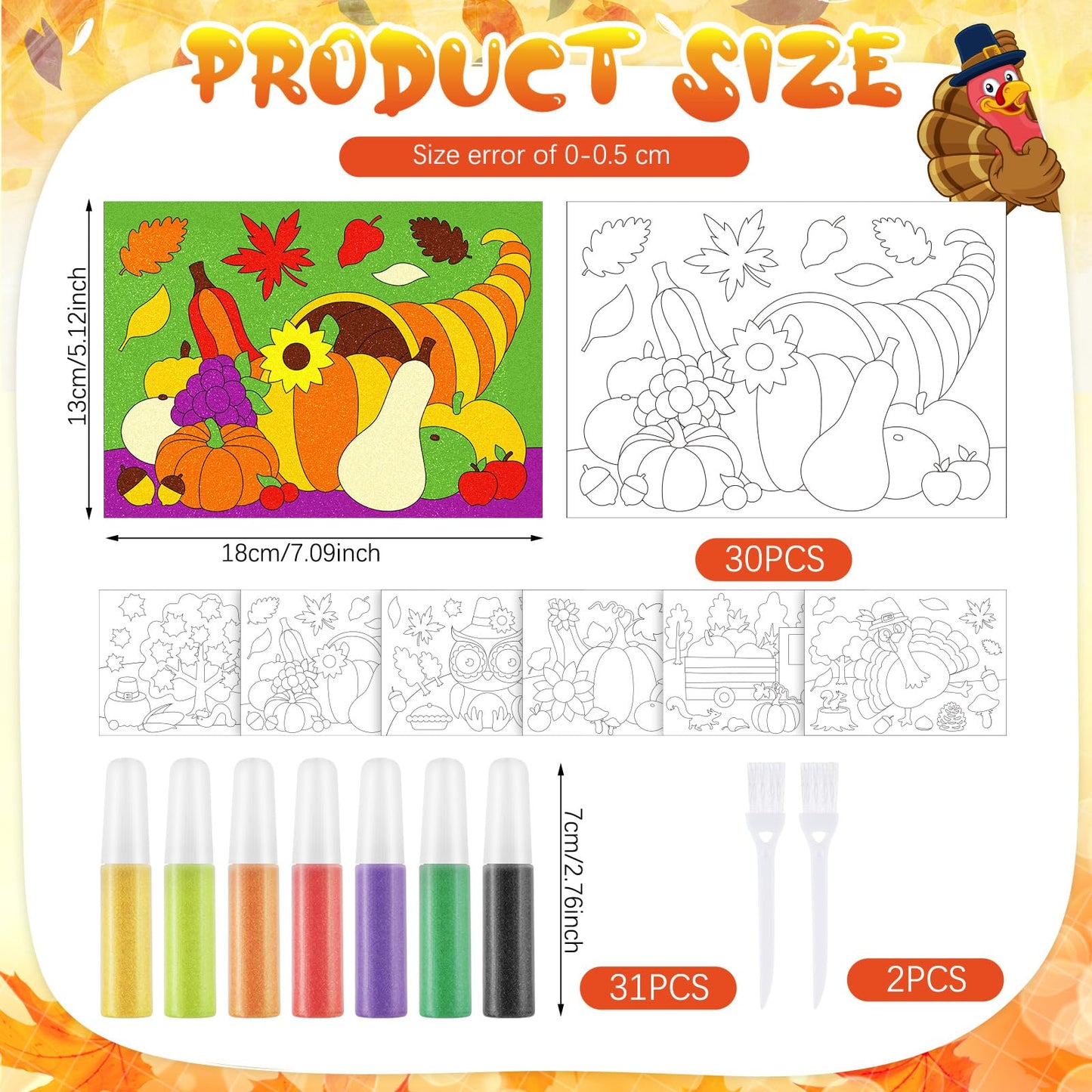 VercanMonth 30 Sets Fall Thanksgiving Sand Art Kits for Kids DIY Fall Harvest Craft Sand Painting Colored Sand Art Painting Card