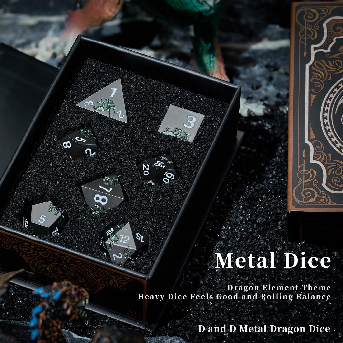 HNCCESG D&D Dice Set Metal Dragon Polyhedral DND Dice Set with Dragon Gift Box for Game Dice Dungeons and Dragons TTRPG(Black wi
