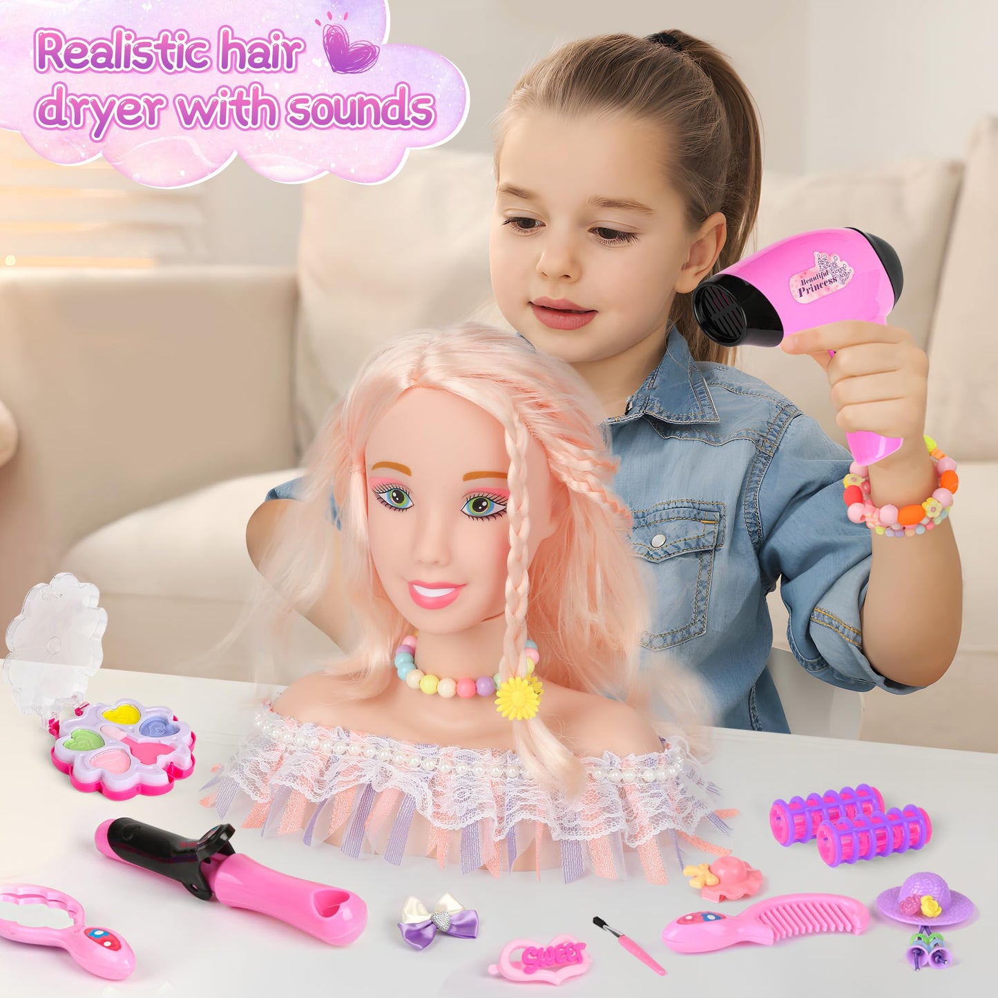 Everideals 39PCS Hair Styling Doll Head Makeup Kit for Girls,Pretend Play Hair Styling Set,with Hairdryer Curling Iron Crown Hai