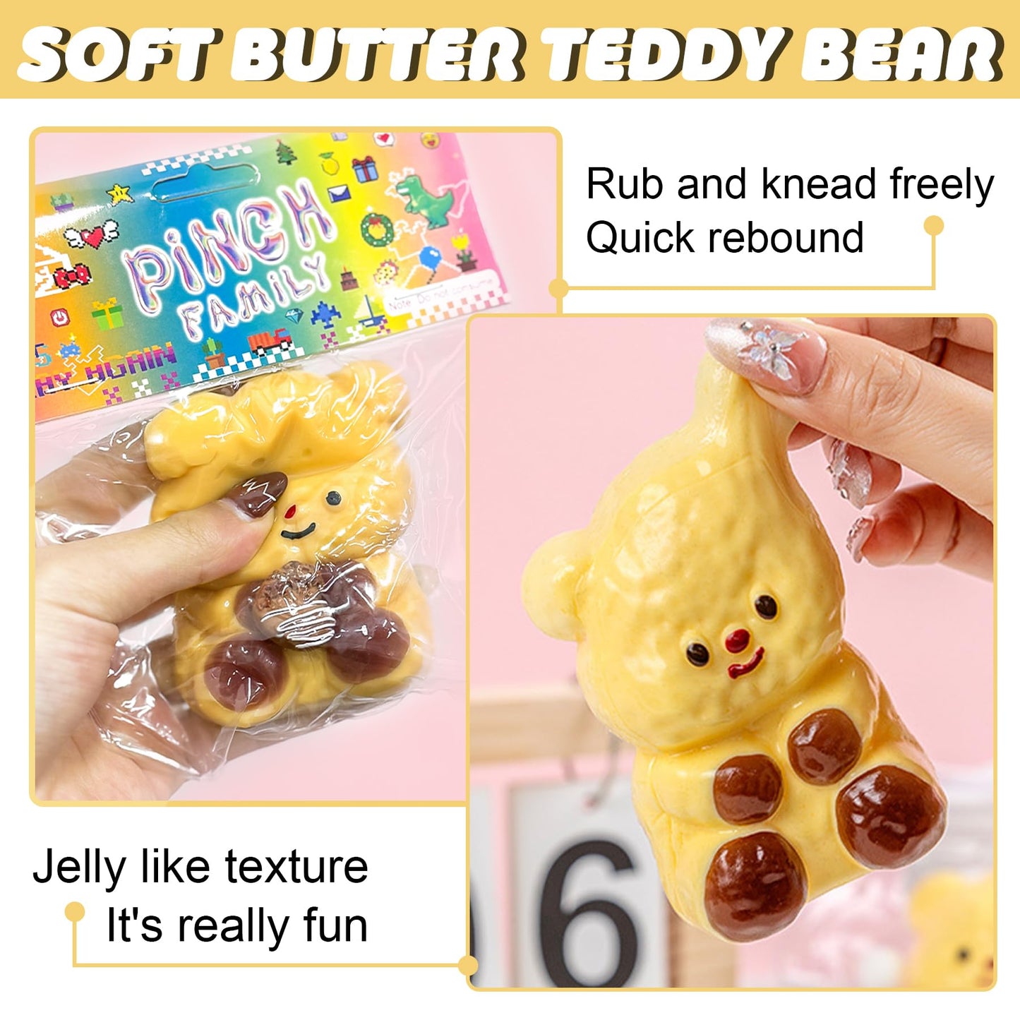 XPQKDC 2Pc Gummy Butter Bear Stress Toy, Soft Silicone Sticky Toys for Adults & Kid, Cute Butter Bear Squeeze Toys, Sensory Fidg