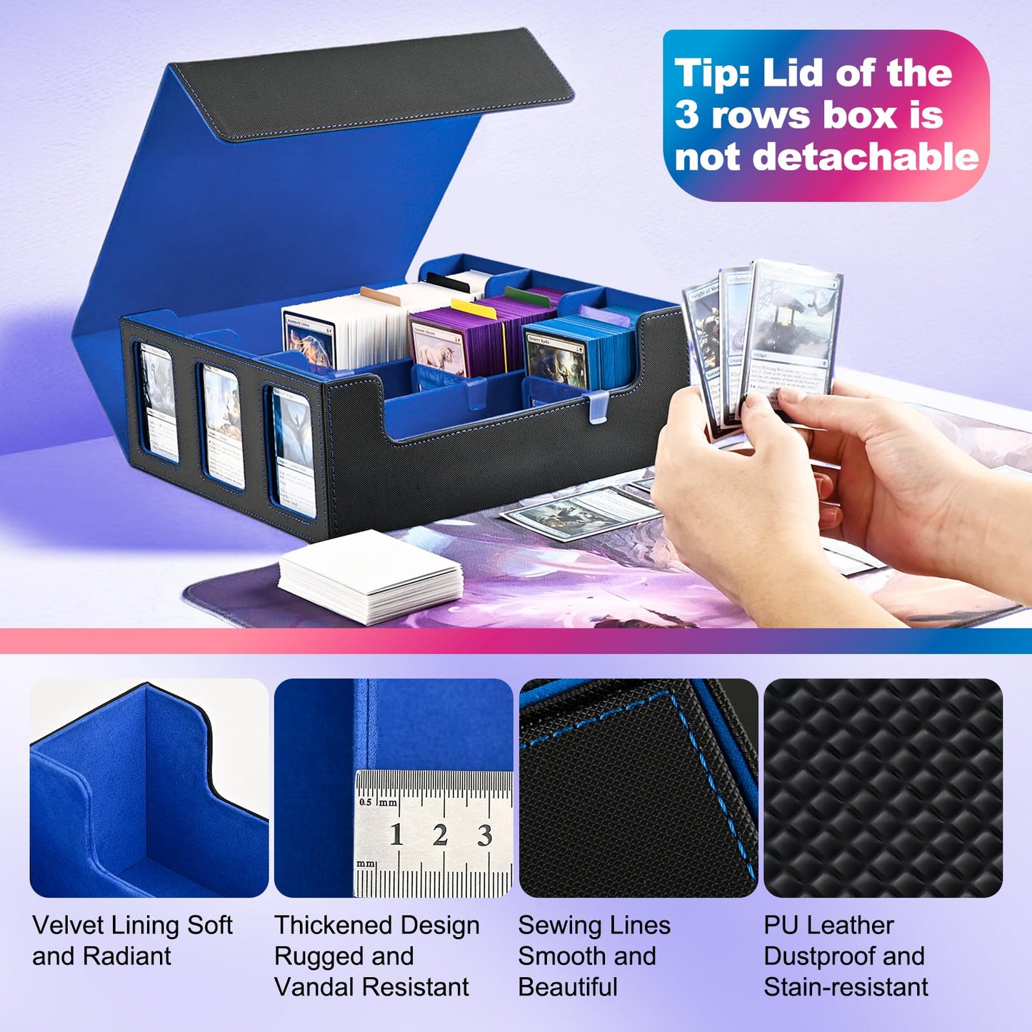 Uaono Card Storage Box For Trading Cards, 1800+ Commander Deck Box For Mtg With Display Window, Toploader Card Case Fits Tcg Ptcg Sports Cards; 10 Removable Divider Tabs, 3 Stoppers (Black, Blue)