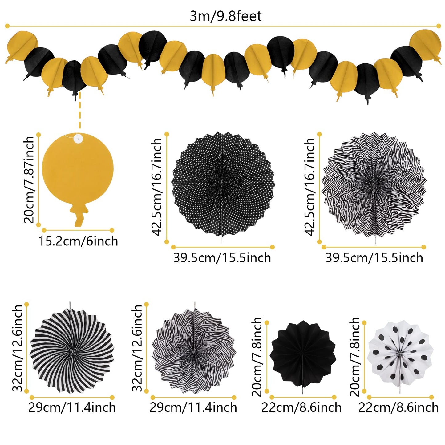 Recosis Black And Gold Decorations, Paper Pompoms Fan For Graduation Birthday Wedding Prom Night New Years Black And Gold Party