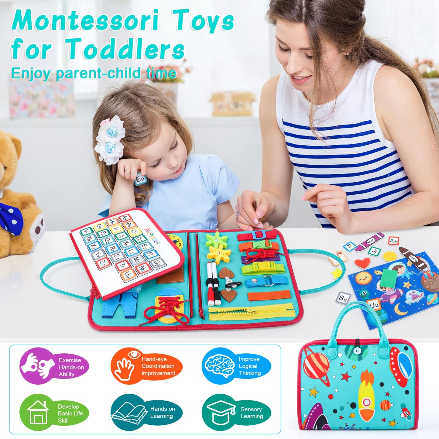 Fastspok Busy Board For Toddlers 2-4, Montessori Travel Toy For Plane/Car, Educational Sensory Toy For Toddlers 1-3, Preschool Activities Board For Developing Fine Motor Skills, Gift For Boys Girls