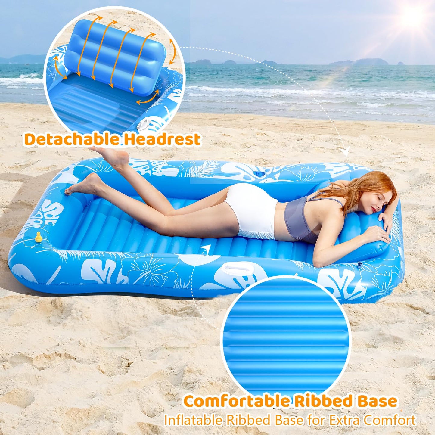 Voice-tank Inflatable Tanning Pool Lounger Float, 77"x48", Blue Vinyl, Adult with Pillow & Drink Holder, 6 in 1 Sunbathing Raft