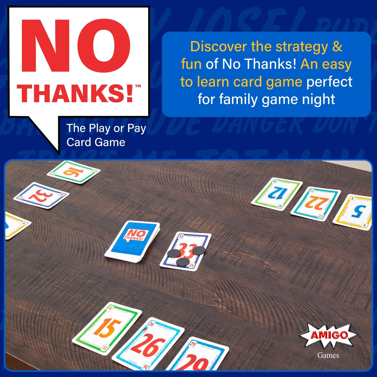 AMIGO No Thanks Card Game - Fast-Paced Family Fun for 3-7 Players, Ages 8+, Cardboard, Model 21527