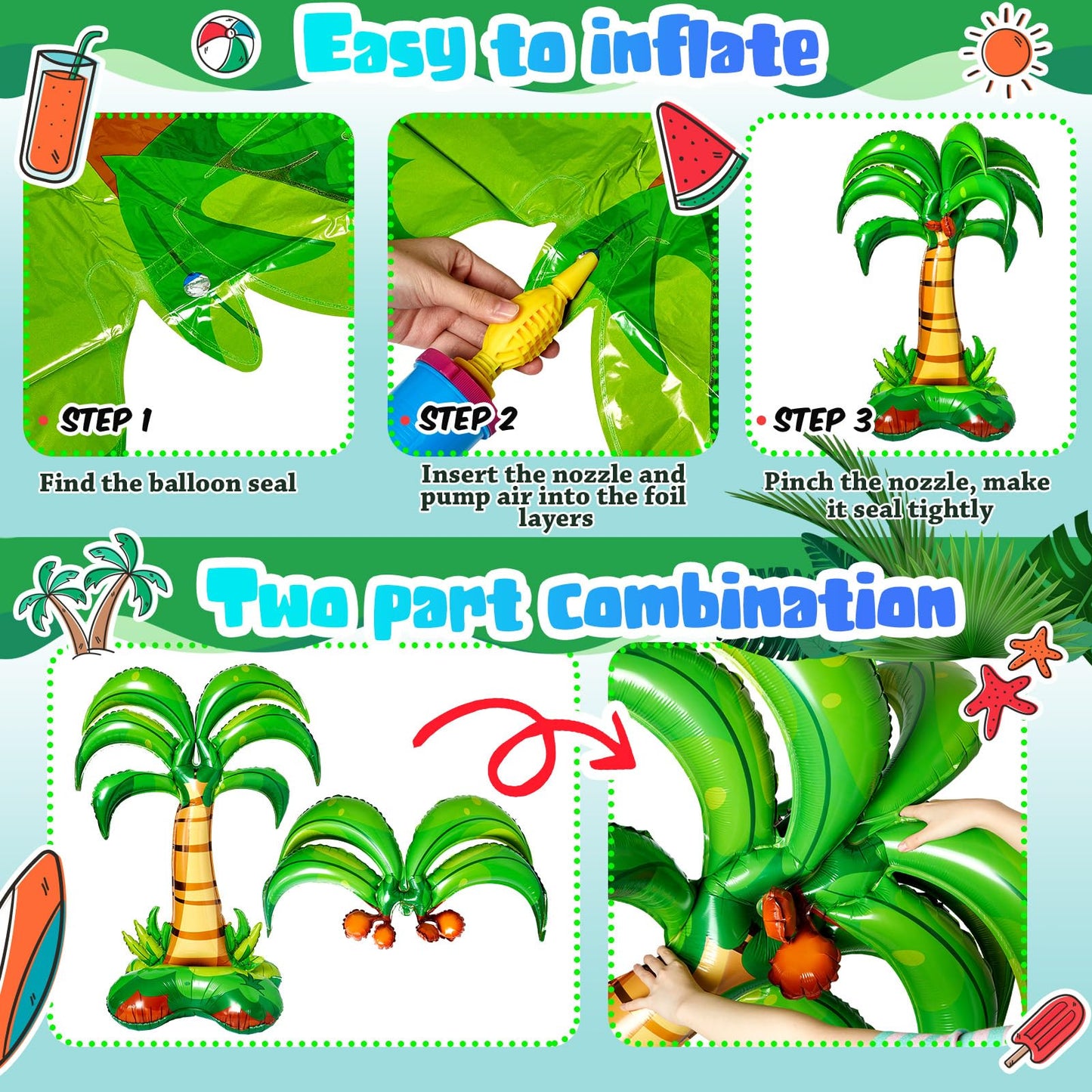 Libima 4 Pcs 52 Inch 3D Big Palm Tree Balloons Foil Balloons Birthday Wedding Party Decor Inflatable Palm Tree Balloons For Kids