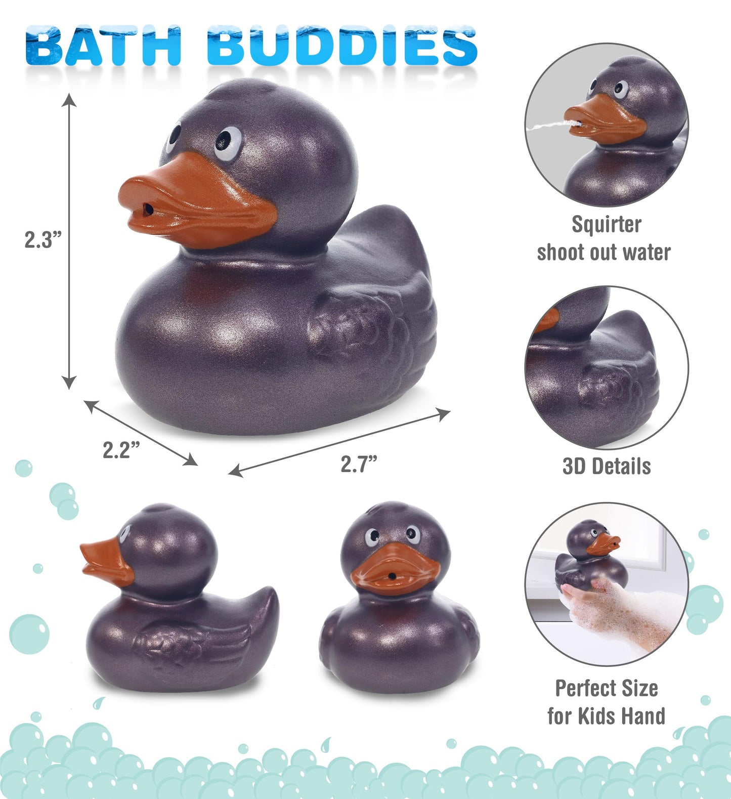 DolliBu Metallic Purple Duck Bath Buddy Squirter - Floating Purple Duck Rubber Bath Toy  Fun Water Squirting Bath Time Play for Toddlers  Animal Toy for Bathtub  Beach  and Pool for Girls and Boys