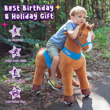 Ponycycle Ride On Horse Toys For Kids Riding Brown Horse Rocking Horse Essential Model E (With Brake/ 35.4' Height/Size 4) Ride On Giddy Up Walking Mechanical Pony Ride Plush Animal With Wheels E437