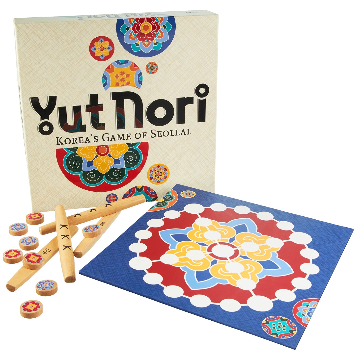 YUT Nori: Korea's Game of Seollal  Korean New Year Family Party Board Games  Greyboard (Mal Pan), Wood Sticks (YUT), Game Piec