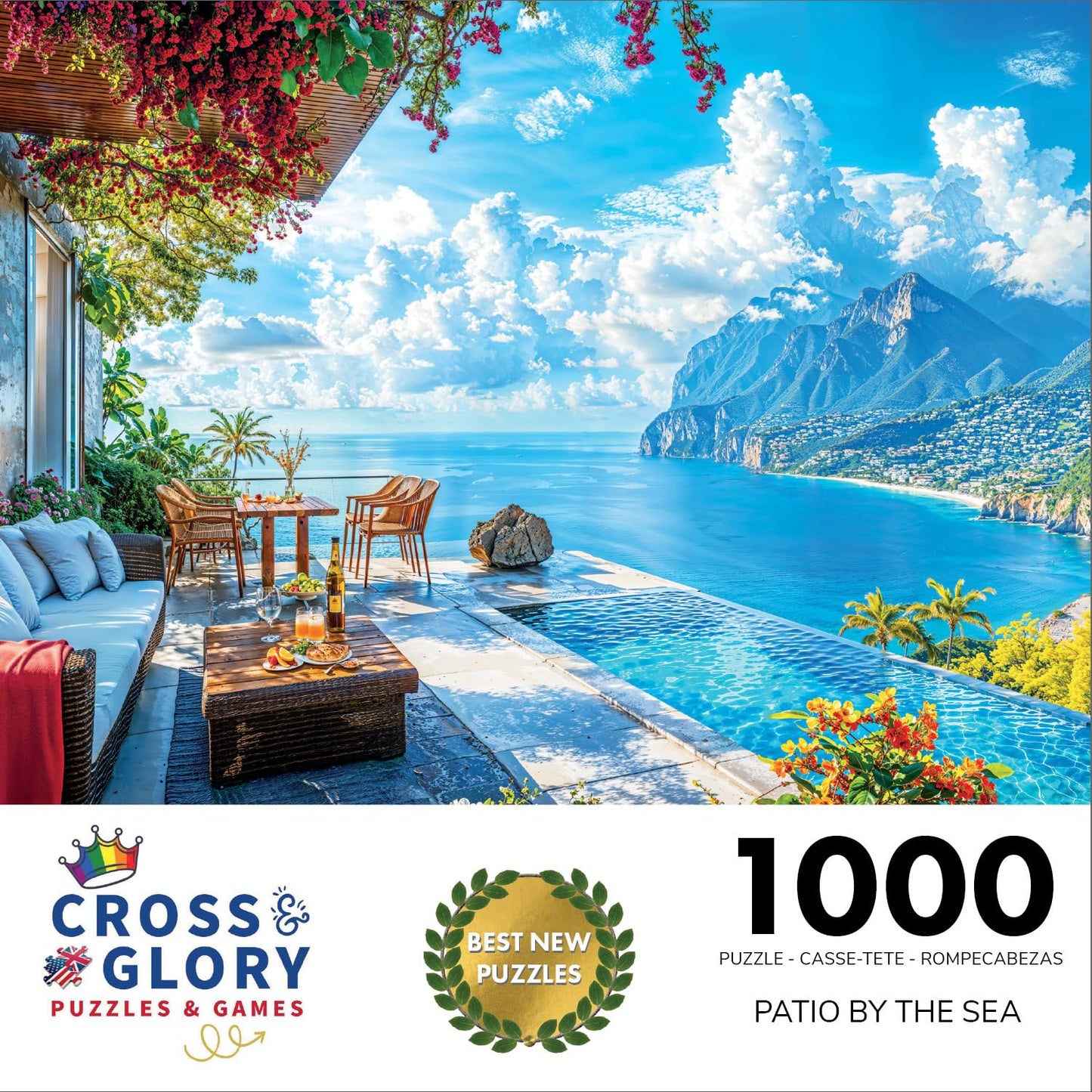 Cross & Glory - Patio By The Sea - 1000 Piece Jigsaw Puzzle For Adults | Serene Coastal Patio And Ocean View Puzzle | Challengin