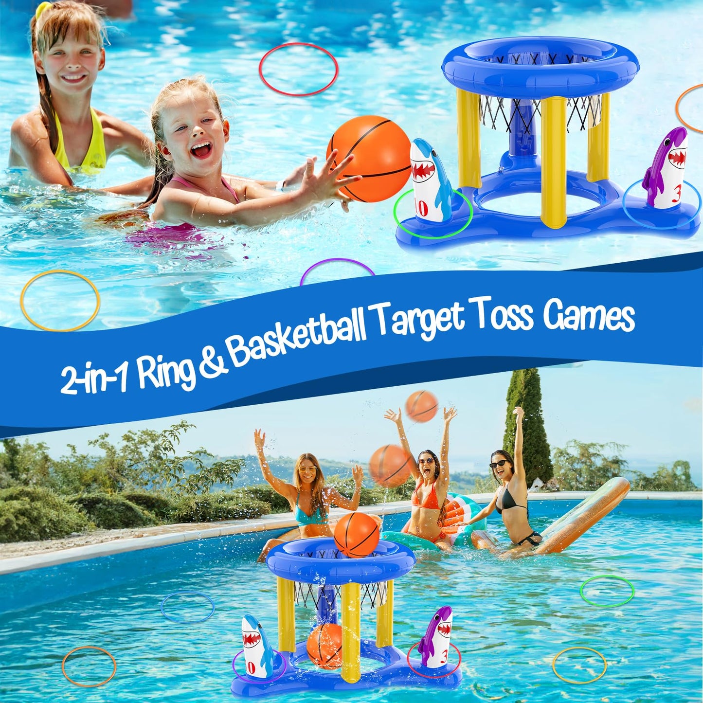 Uniqhia Pool Games Toys Set for Kids, Floating Pool Basketball Hoops & Pool Ring Toss Game, Swimming Pool Toys for Kids Ages 4-8