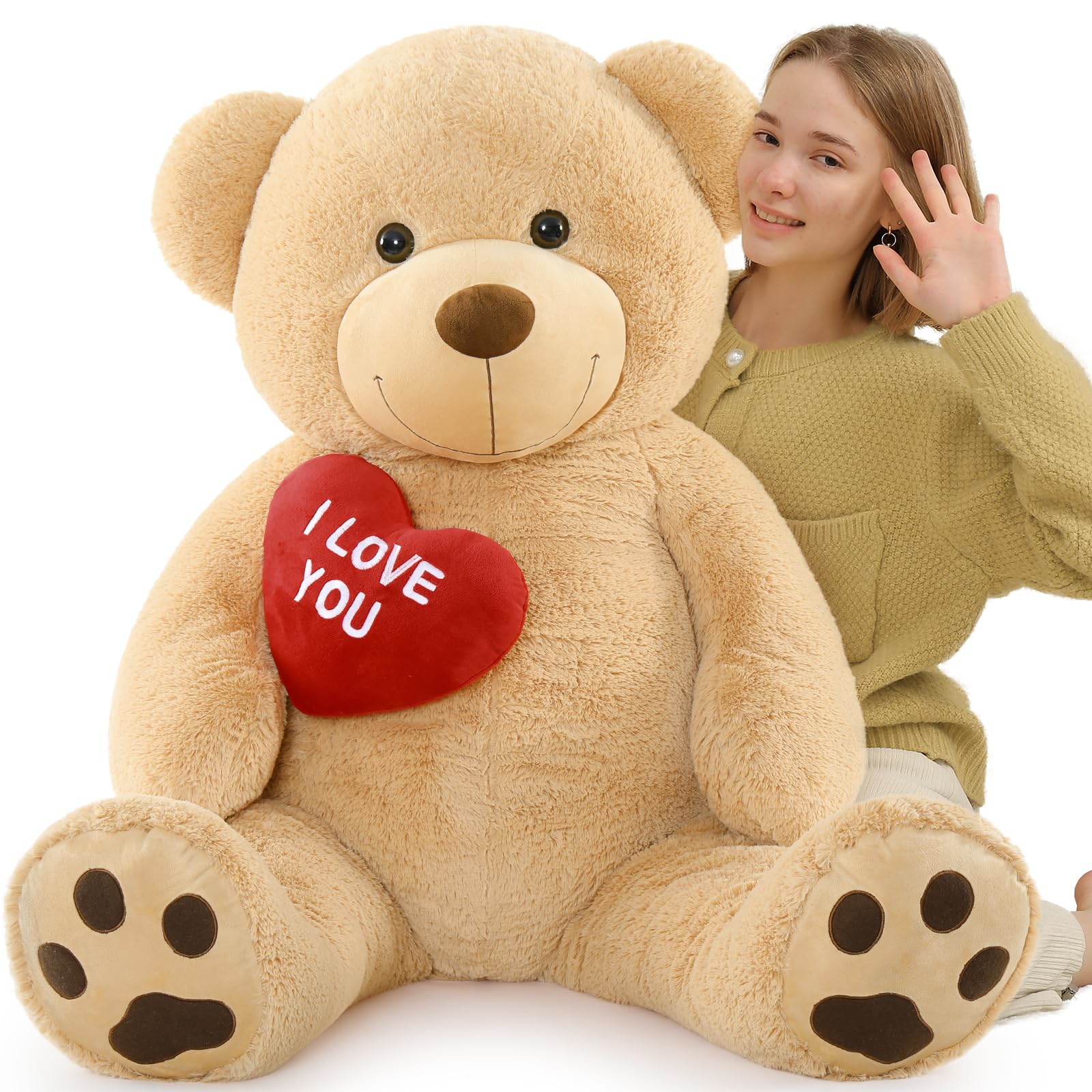 Beniny Giant Teddy Bear 52'' Stuffed Animal, Big Teddy Bear With Heart, Large Brown Stuffed Bear Plush Toys For Kids, I Love You