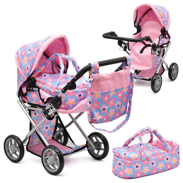 Baby Doll Convertible Pram Stroller With Removable Travel Bassinet Carrier For Kids Adjustable Handle Buggy Carriage With Canopy
