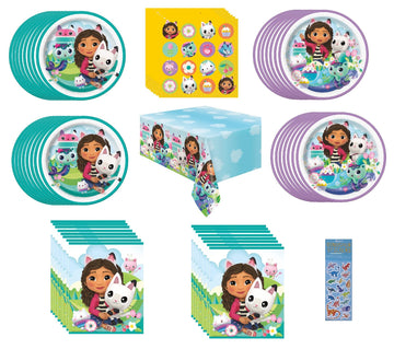 Unique Gabbys Dollhouse Birthday Party Supplies Bundle Pack includes 16 Dessert Cake Plates, 16 Lunch Plates, 16 Napkins, 1 Tabl