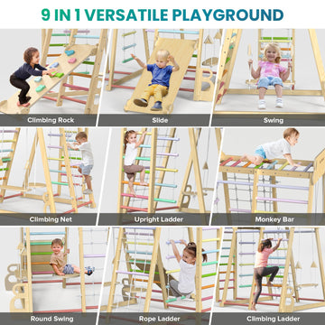 Upgraded Indoor Playground 9-In-1 Jungle Gym Kids Climbing Toys, Montessori Waldorf Style Wooden Climber Playset With Slide, Swi