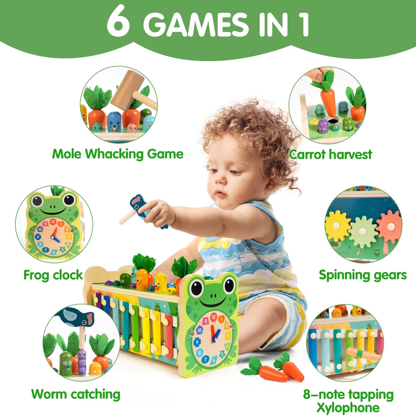 6-in-1 Wooden Montessori Toy with Mole Whacking Game & Xylophone for 1-5 Year Old Toddler, Activity Cube for 12+ Month Baby, Mul