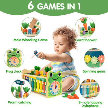 6-in-1 Wooden Montessori Toy with Mole Whacking Game & Xylophone for 1-5 Year Old Toddler, Activity Cube for 12+ Month Baby, Mul