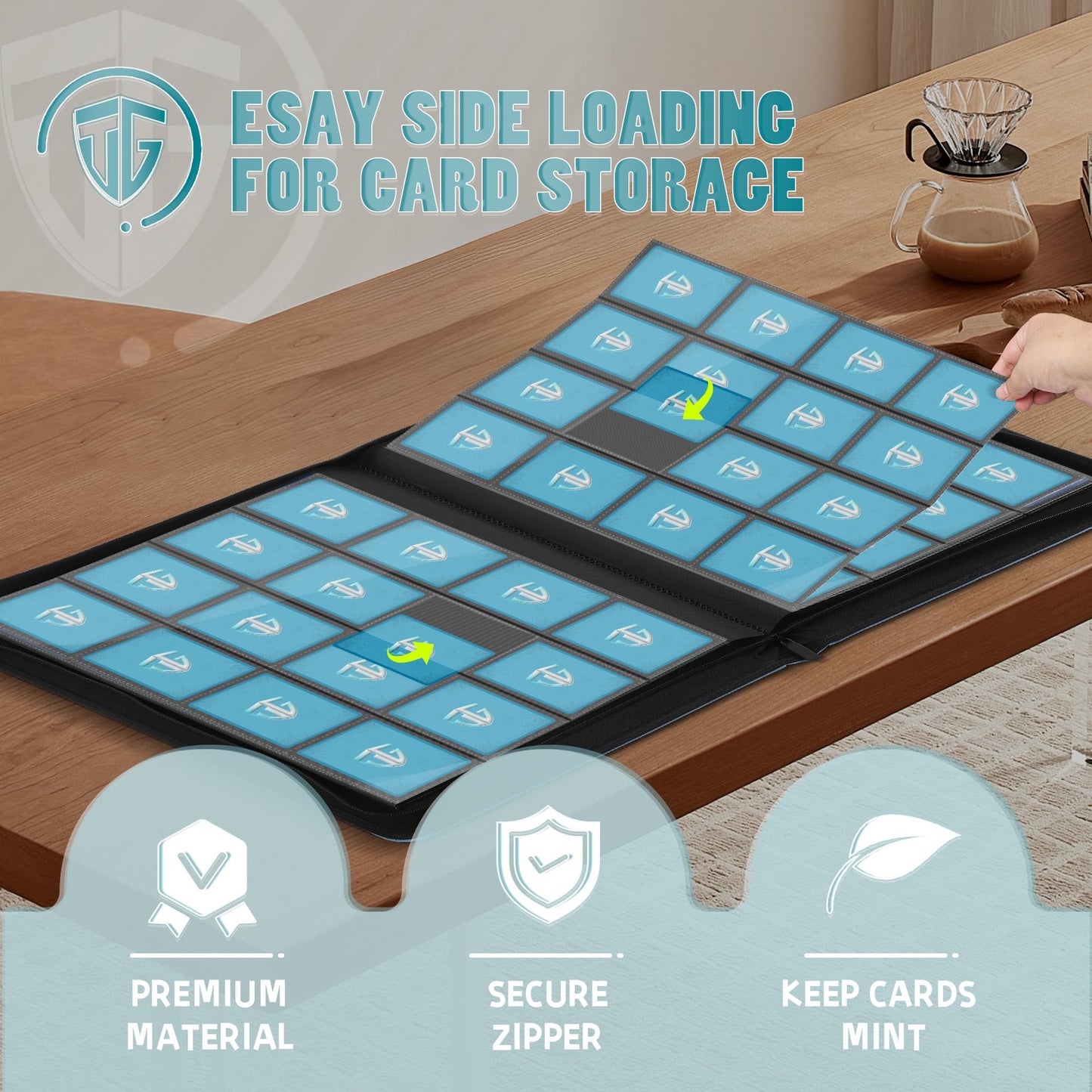 Tcguard 16 Pockets Trading Card Zipper Binder For 1000+ Cards| Secure Side Loading Pockets | Trading Card Album Folder | Compati