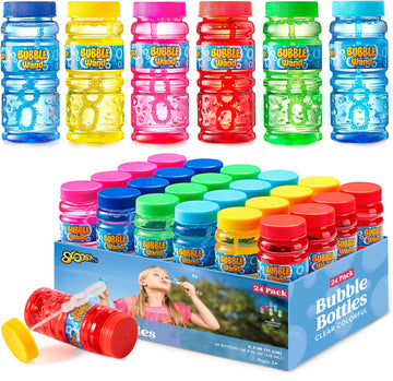 Sloosh 24 Pack Assorted Colors Bubble Solution Bottles With Wand (4 Oz) For Kids' Bubble Toys Summer Activity, Easter, And Assortment Party Favors