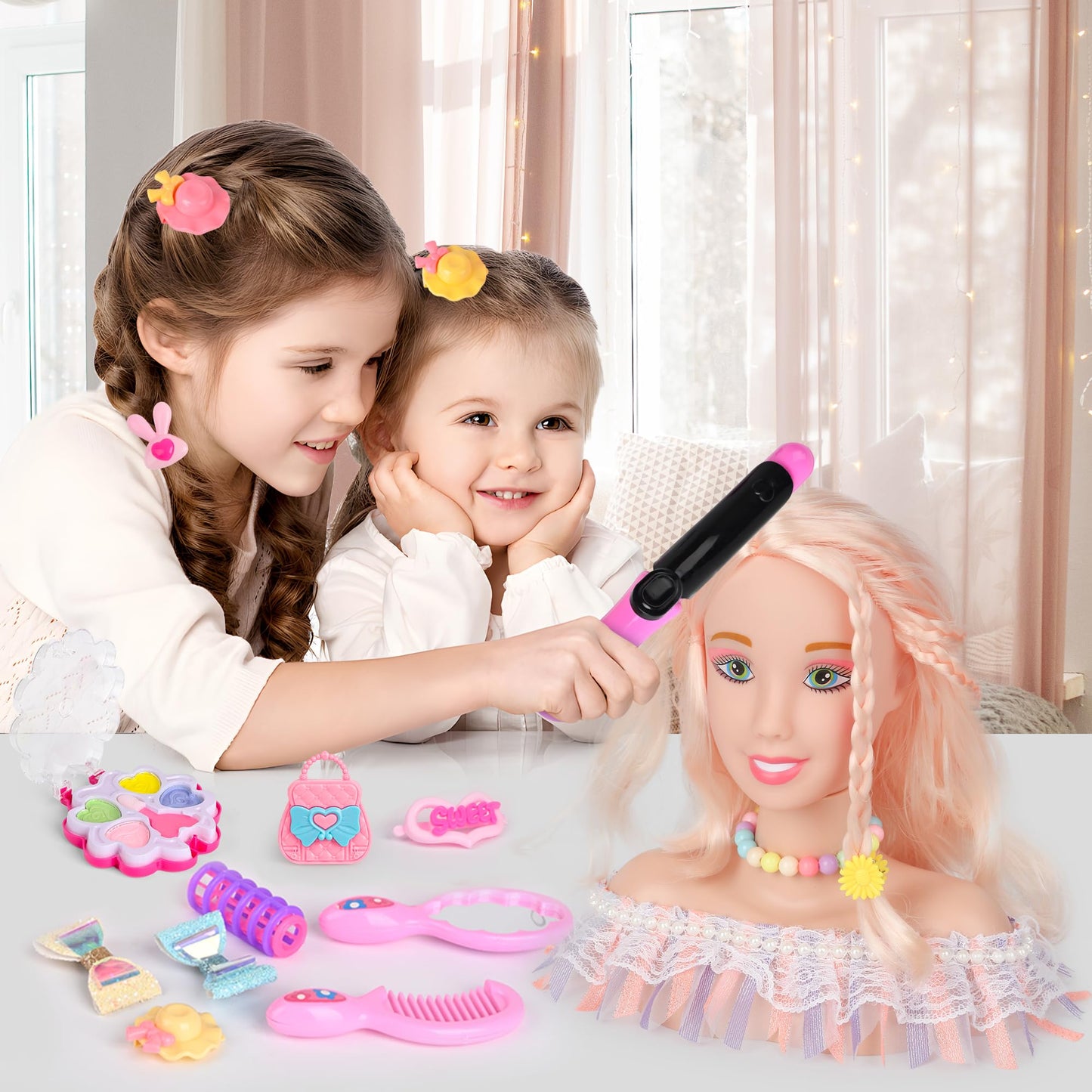 Everideals 39PCS Hair Styling Doll Head Makeup Kit for Girls,Pretend Play Hair Styling Set,with Hairdryer Curling Iron Crown Hai
