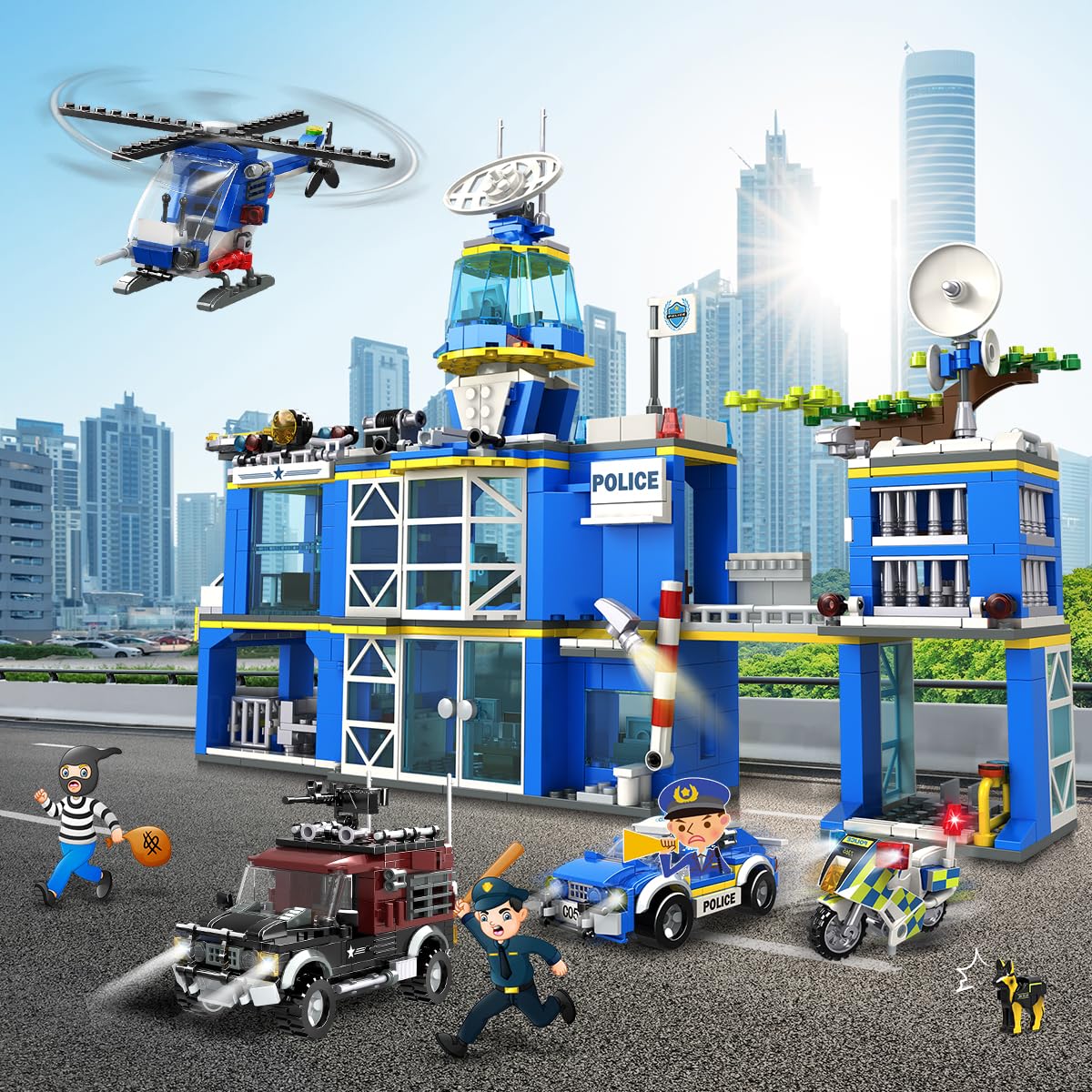 Hogokids City Police Station Building Set - 1260 Pcs Police Building Block Toys With Helicopter Motorcycle Police Vehicle Bandit Car, Stem Police Construction Toy For Kids Boys Girls Ages 8-12+ Years
