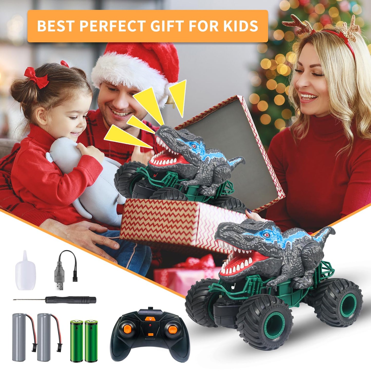ZDCZ Dinosaur Remote Control Car, 2.4GHz RC Monster Truck Toys for Boys, Dinosaur Toys with Light, Sound & Spray, Indoor Outdoor