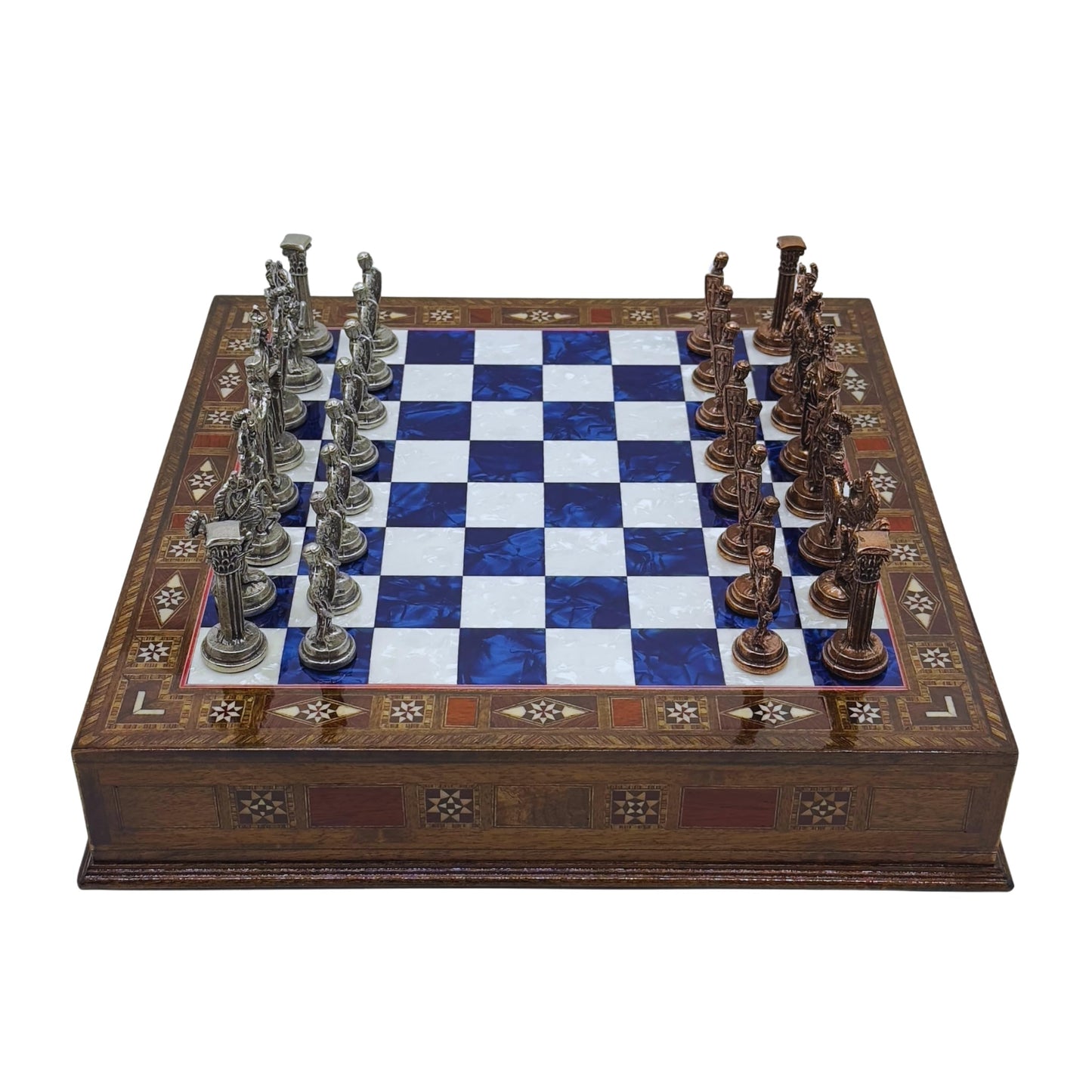 15 Handmade Chess Set With British Army Metal Chess Pieces, Luxury Storage Chess Board, For All Ages, Ideal For Father, (Blue)