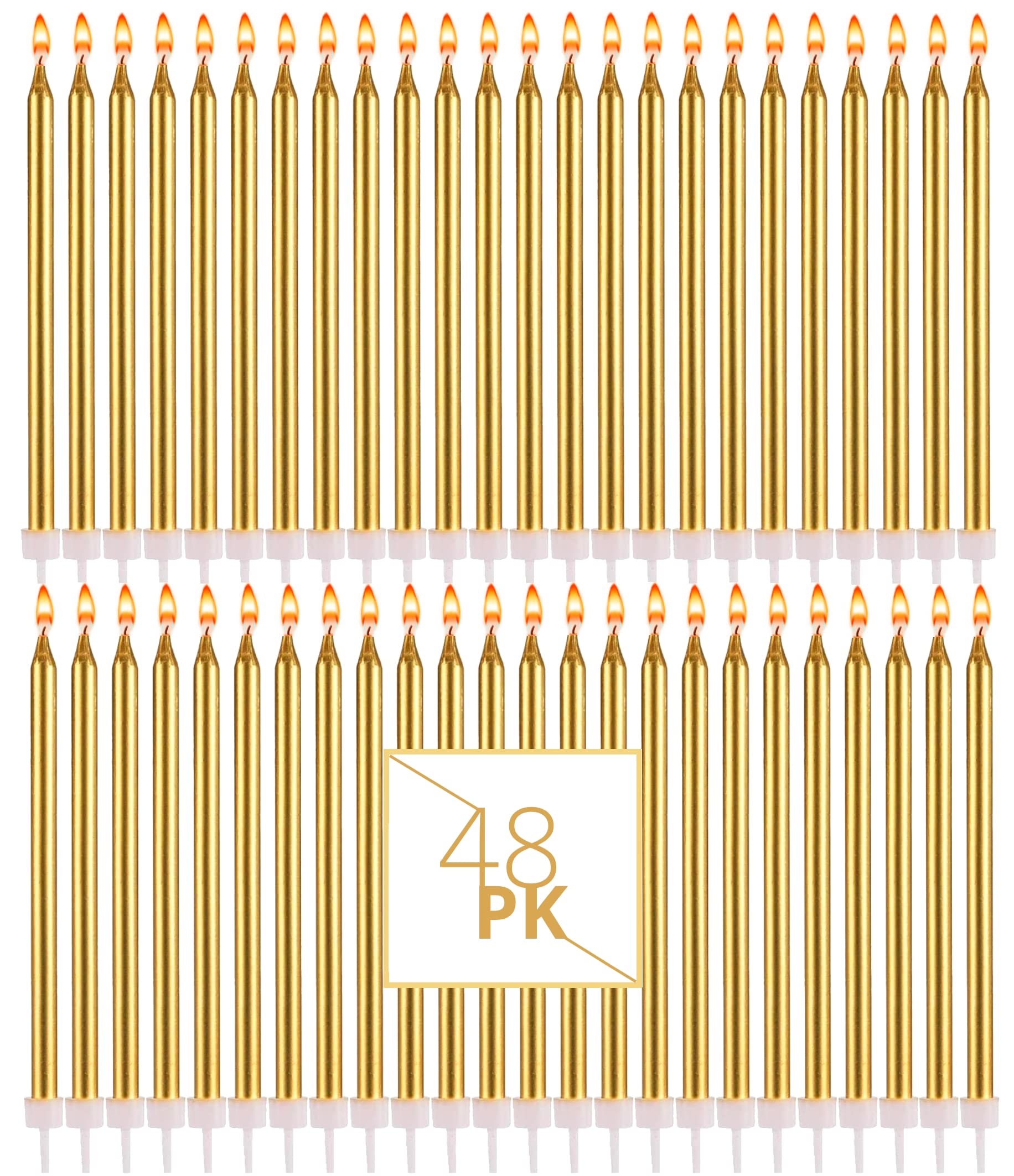 Bundaloo Gold Birthday Candles for Cake - Set of 48 Gold Candles for Birthday Cakes - with Plastic Holders, 5.5 Long, 0.20 Thick