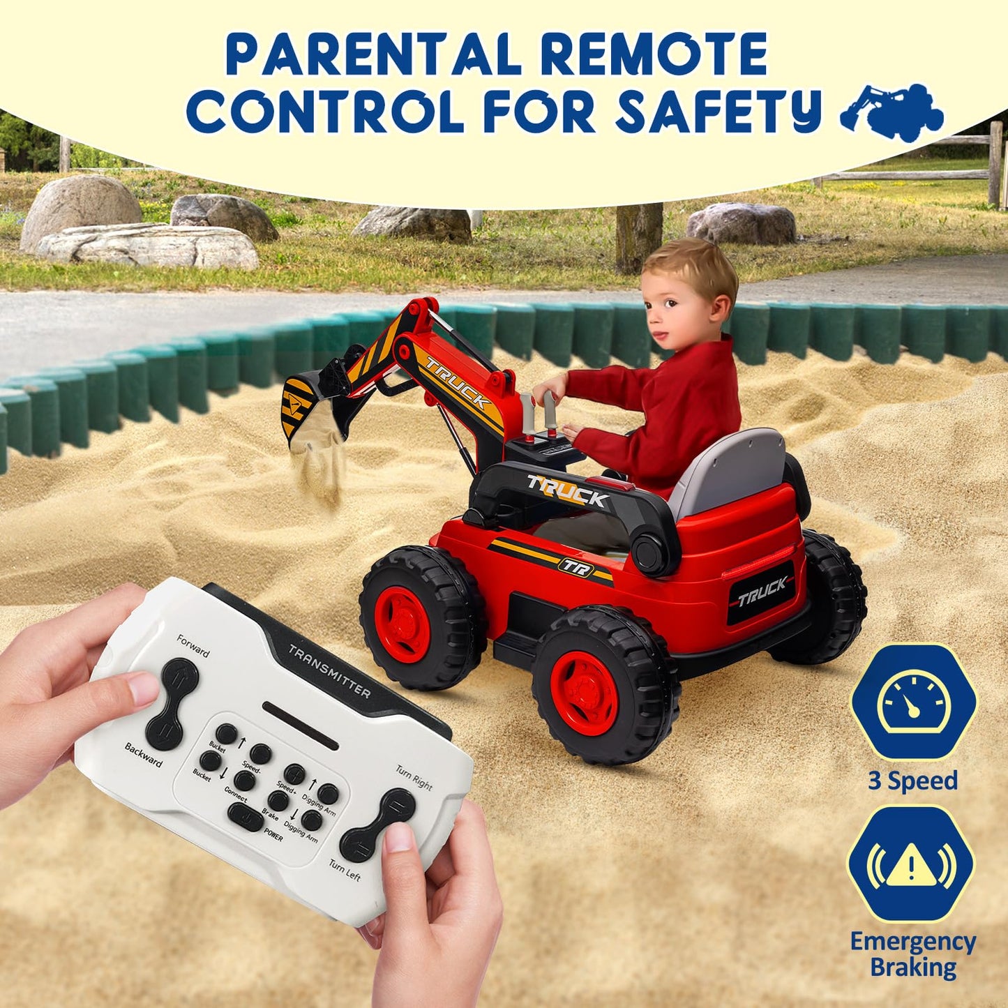Hetoy Ride On Excavator for Kids, 4WD Electric Excavator Toy, 12V Battery Powered Construction Truck Digger with Remote Control.