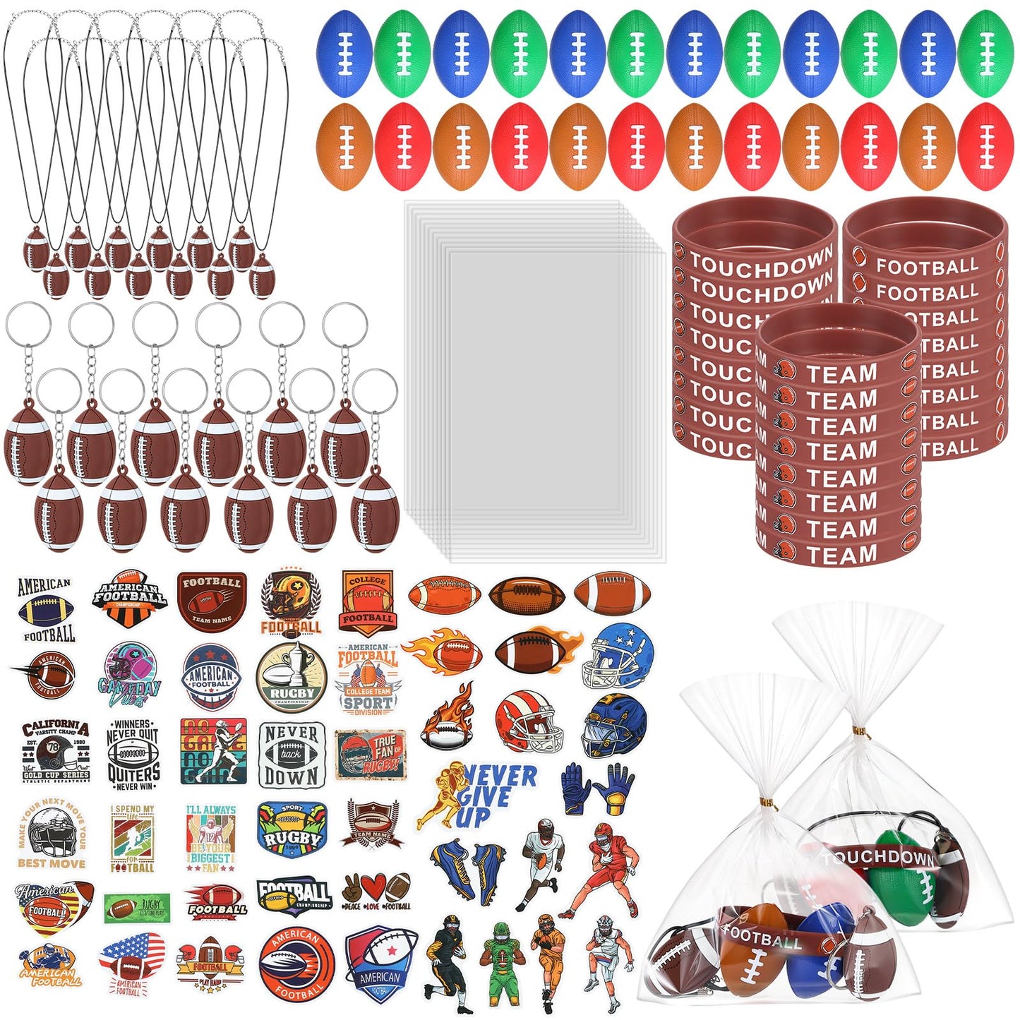 JellyArch 170 Pcs Football Party Favors 24 Set Mini Football Squeeze Sports Stress Ball Silicone Wristbands Bracelets Necklace K