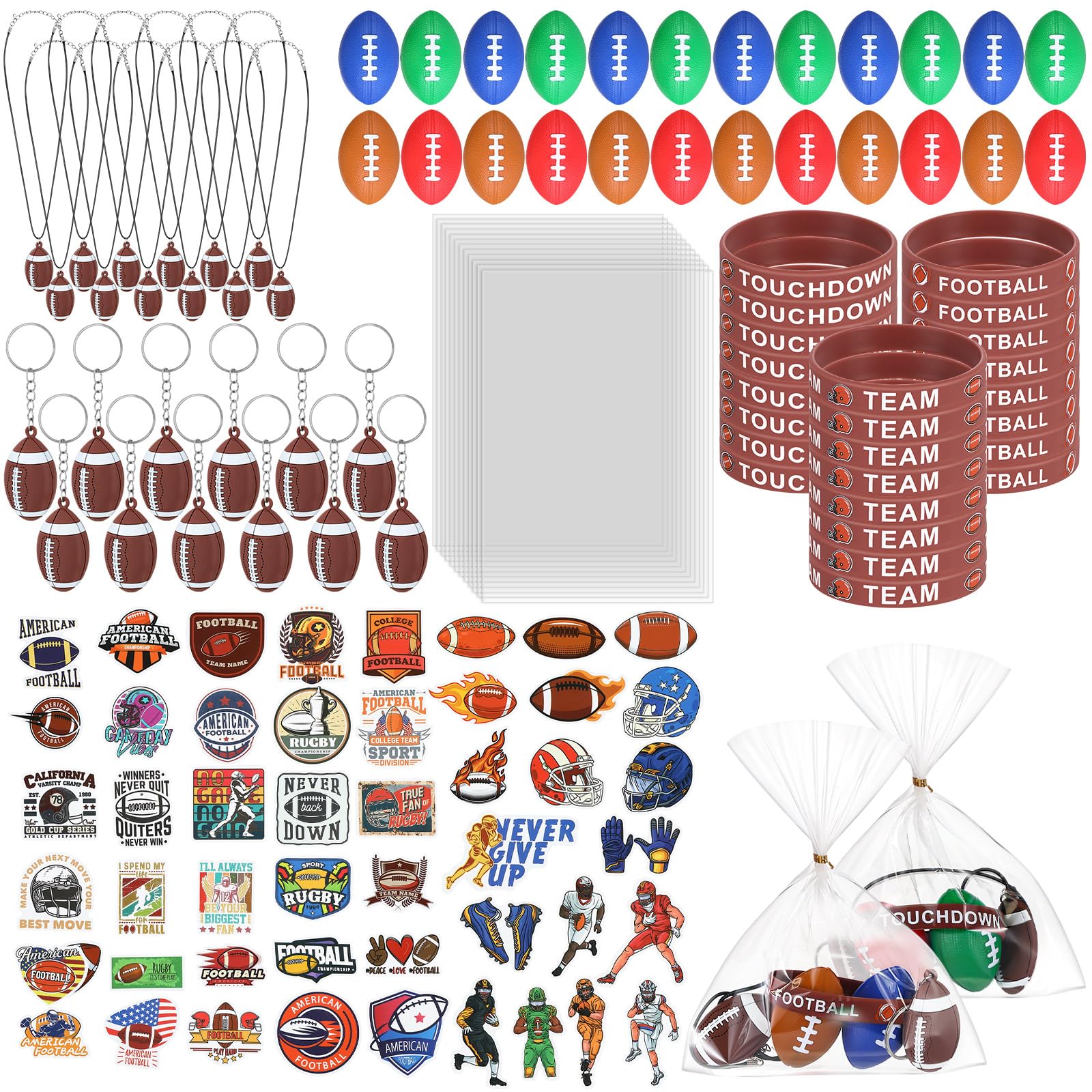 JellyArch 170 Pcs Football Party Favors 24 Set Mini Football Squeeze Sports Stress Ball Silicone Wristbands Bracelets Necklace K