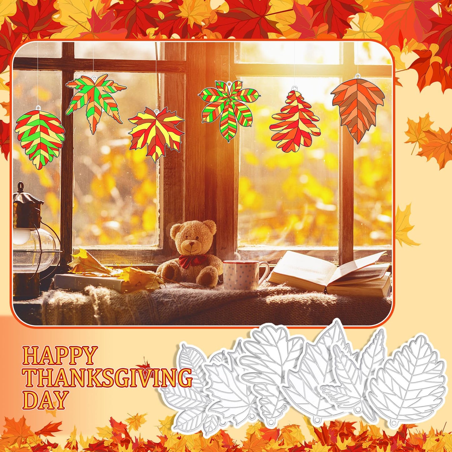 RoundFunny 60 Sets Fall Leaf Suncatchers Autumn Ornaments Decorations DIY Window Paint Art Suncatchers Autumn Maple Leaf Craft K