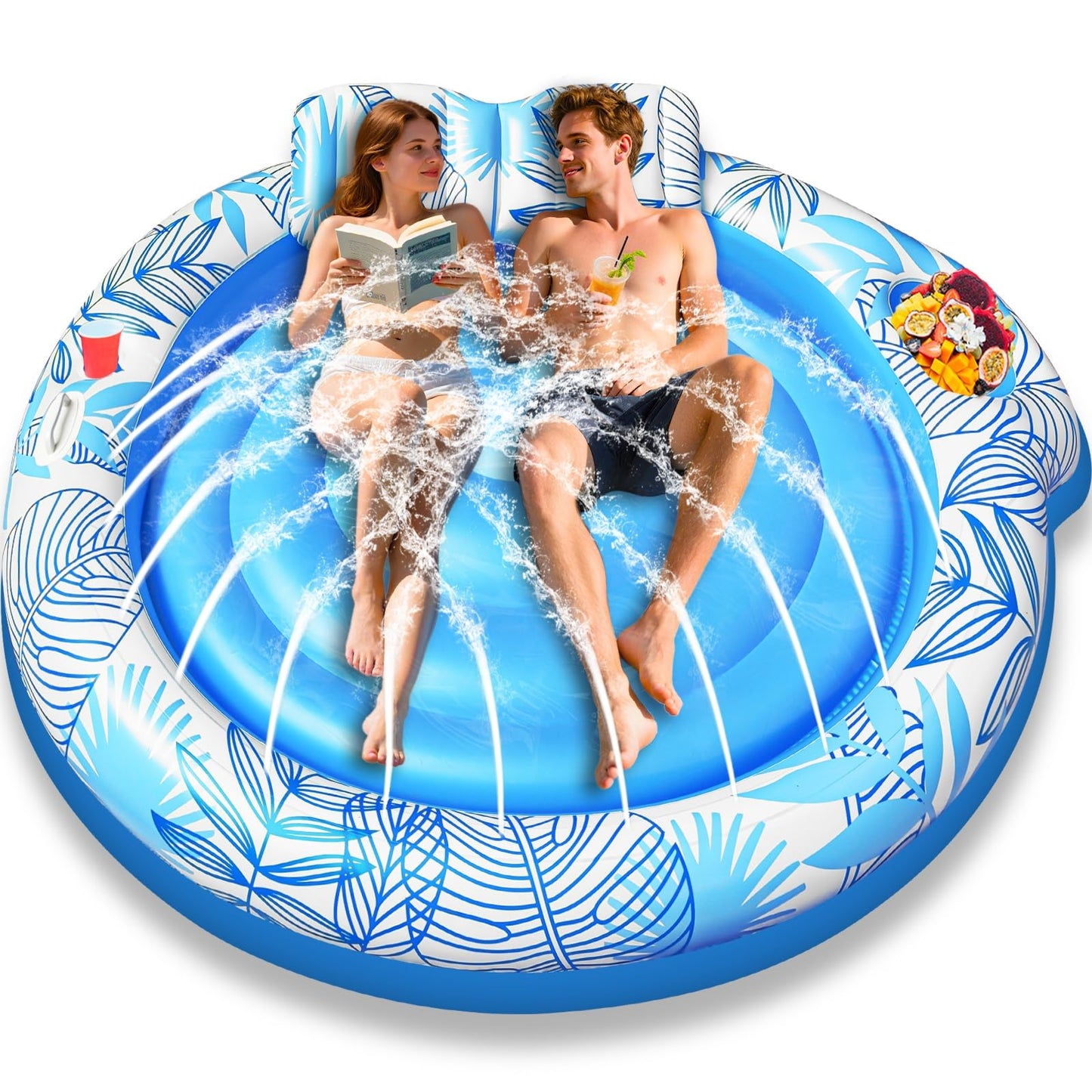 TURNMEON Inflatable Tanning Pool Lounger Float, 72" x 47", Plastic, Blue/Pink, with Backrest & Drink Holder for Adults