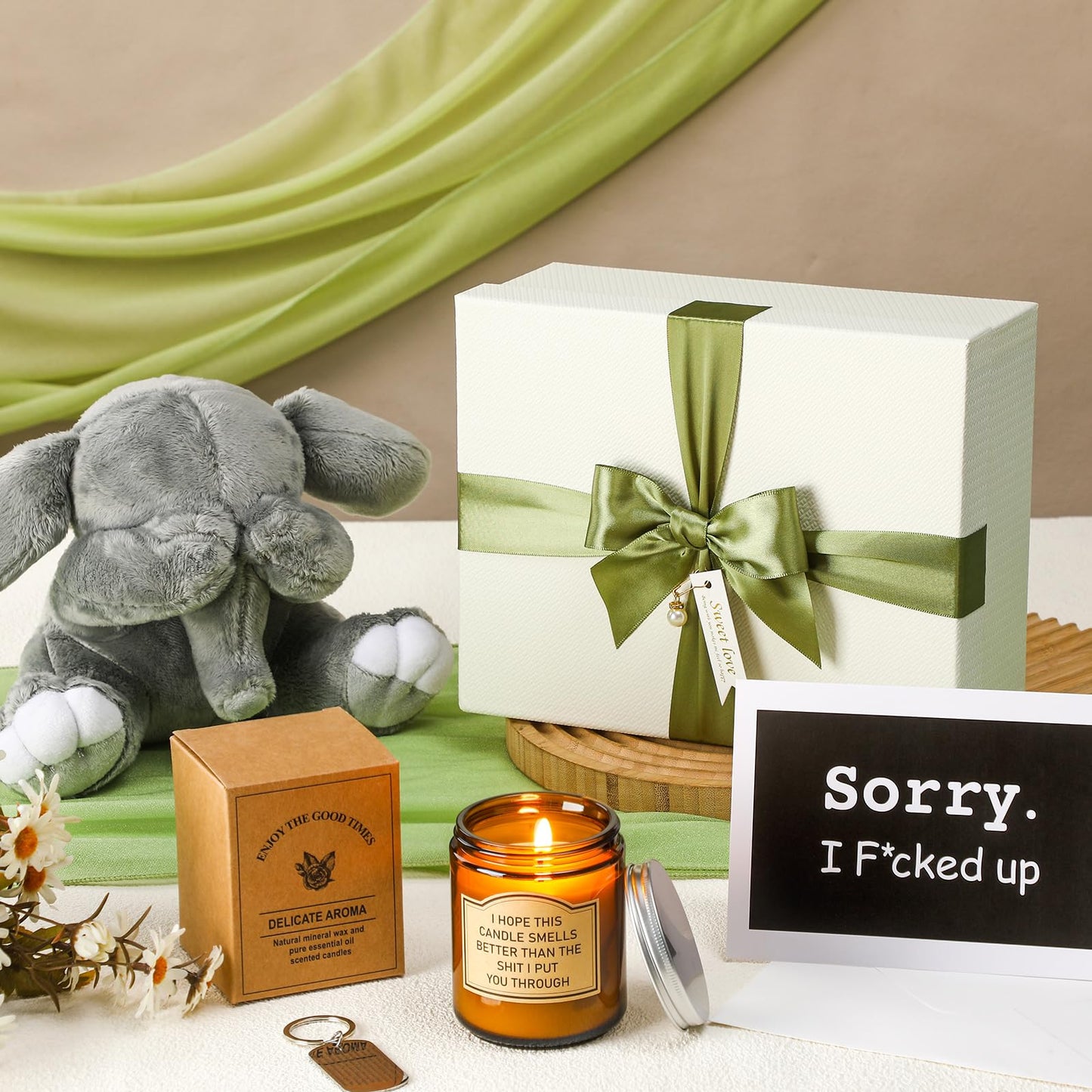HyDren 5 Pcs I'm Sorry Gifts Set - Elephant Plush, Candle, Keychain, Card - Apology Present for Men, Women, Kids - Multiple Colors