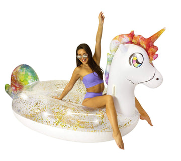 Poolcandy Gigantic Inflatable 2 To 3 Person Pool, Beach, And Lake Swim Rafts (Gigantic 2 To 3 Person Gold Glitter Unicorn)