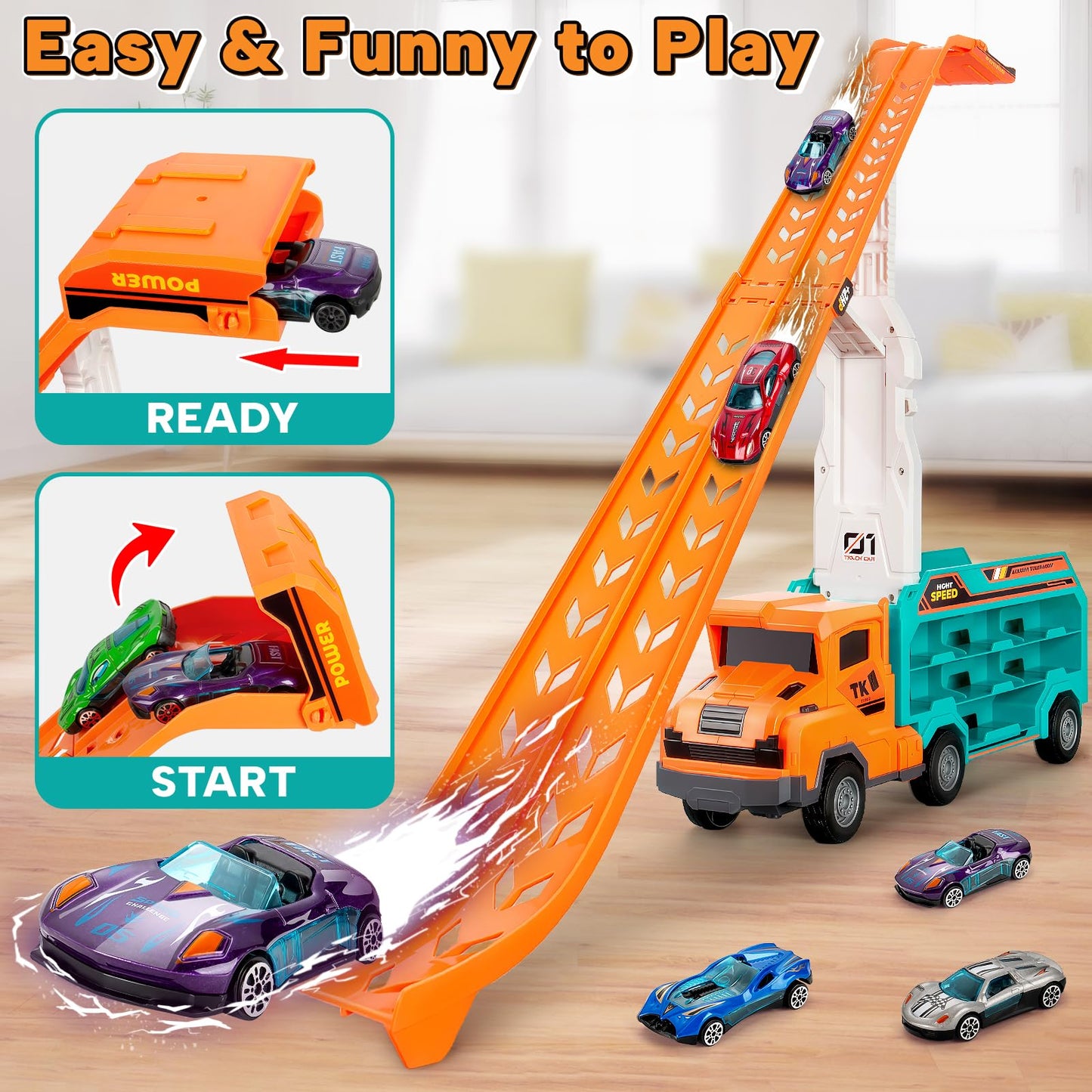 Kids Toys for 3 4 5 6 7 8 Years Old Boys, Carrier Truck Transport Car Toys, Foldable 2 Layer Car Race Track Playset with 25-in R
