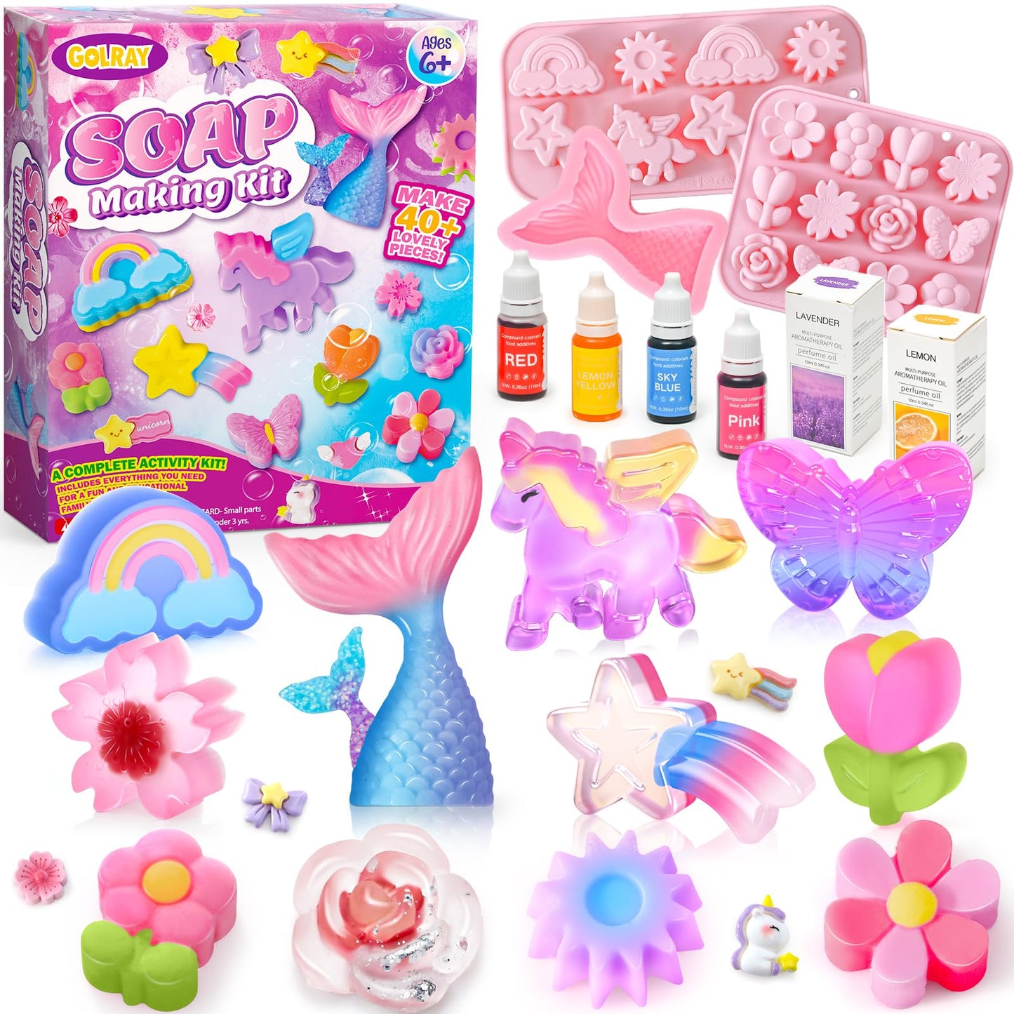 Golray Soap Making Craft Kit For Kids Girl Toys, Make 40 Pcs+ Soap Supplies With Unicorn/Mermaid/Butterfly Model, 2 Essential Oil, Diy Science Art And Craft Kit For Kid Girl Age 5-7 8-12 Year Old Gift