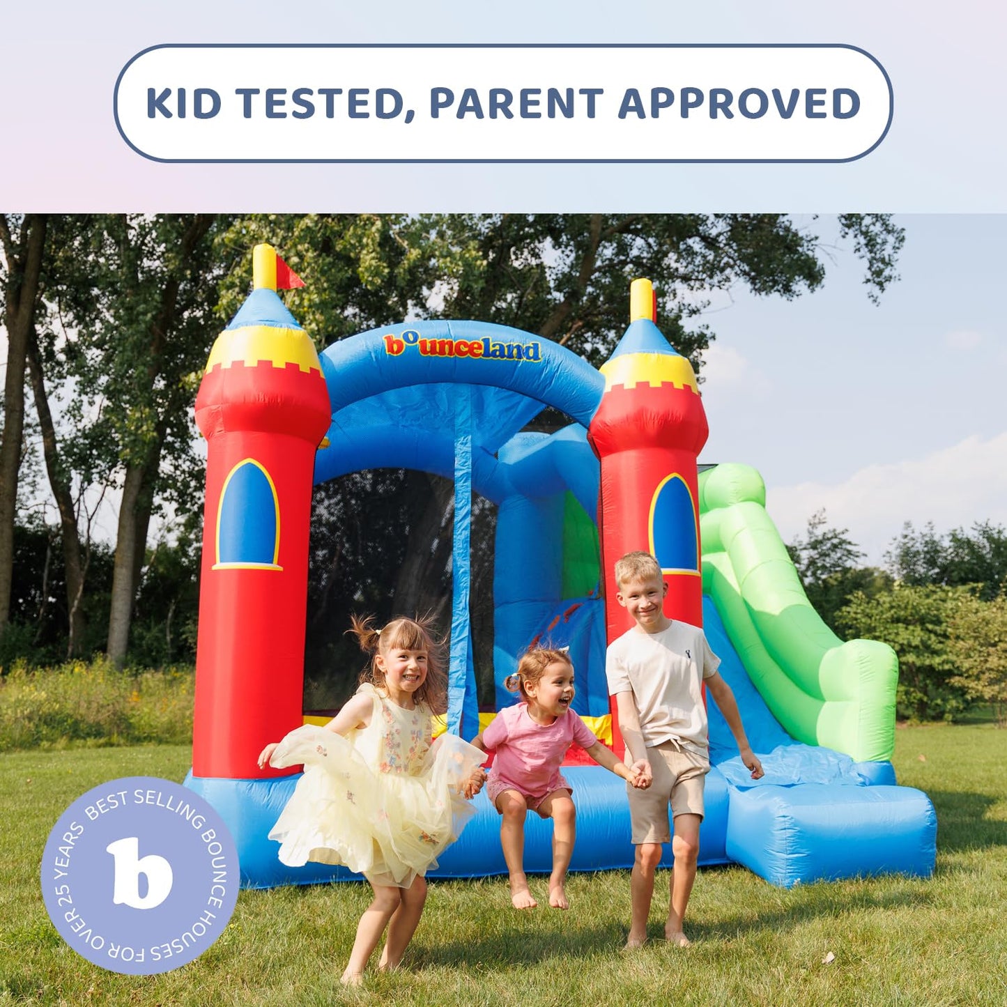 Bounceland Royal Palace Inflatable Bounce House [Blower NOT Included], Long Slide, Large Bouncing Area, Basketball Hoop and Sun