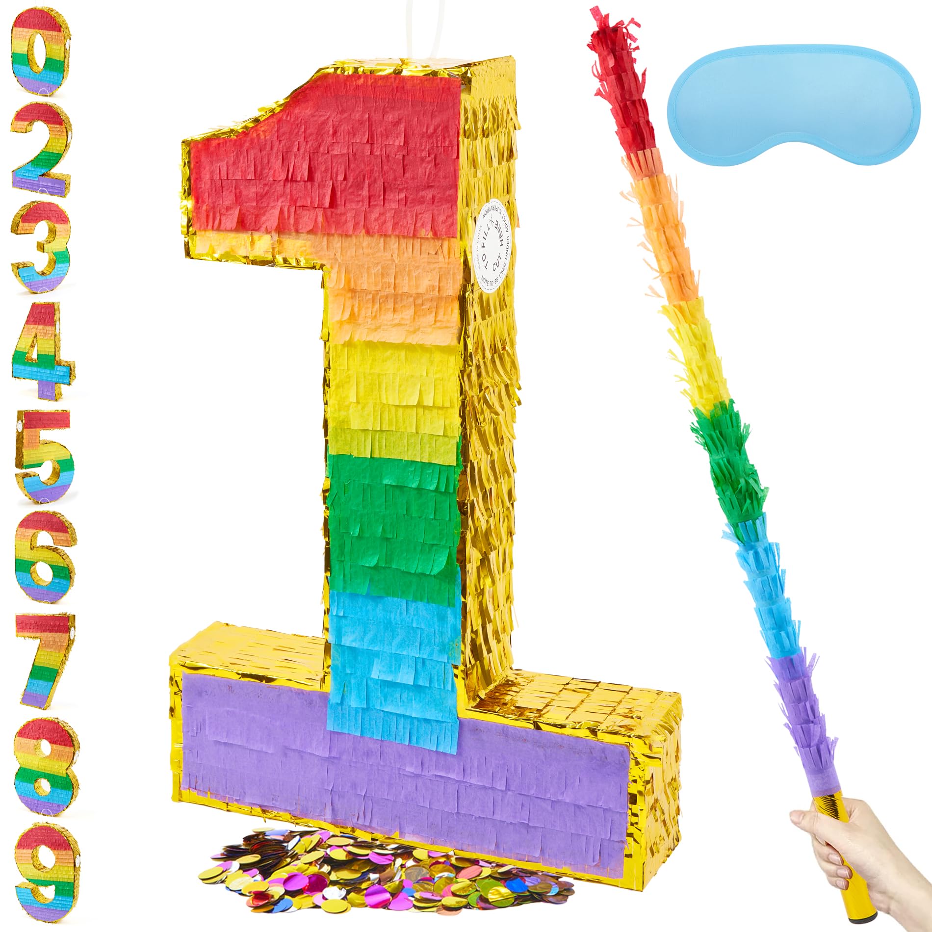 PCFING 20 Inch Number 1 Piata Rainbow with 30 Inch Piata Stick Blindfold Confetti for Boy Girl Kids Birthday Party Decorations, 